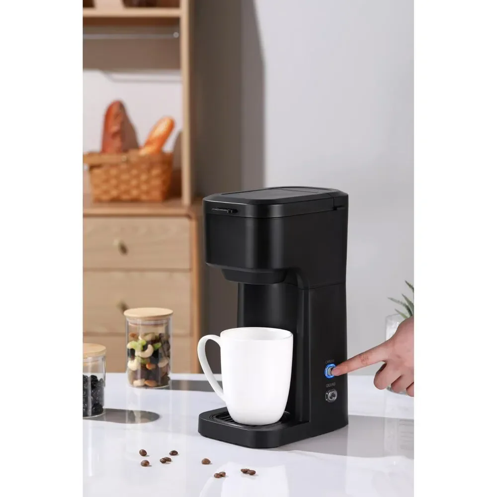 Mainstays Black Matte Dual Brew Coffee Maker, Single Serve, Auto Shutoff, 14oz